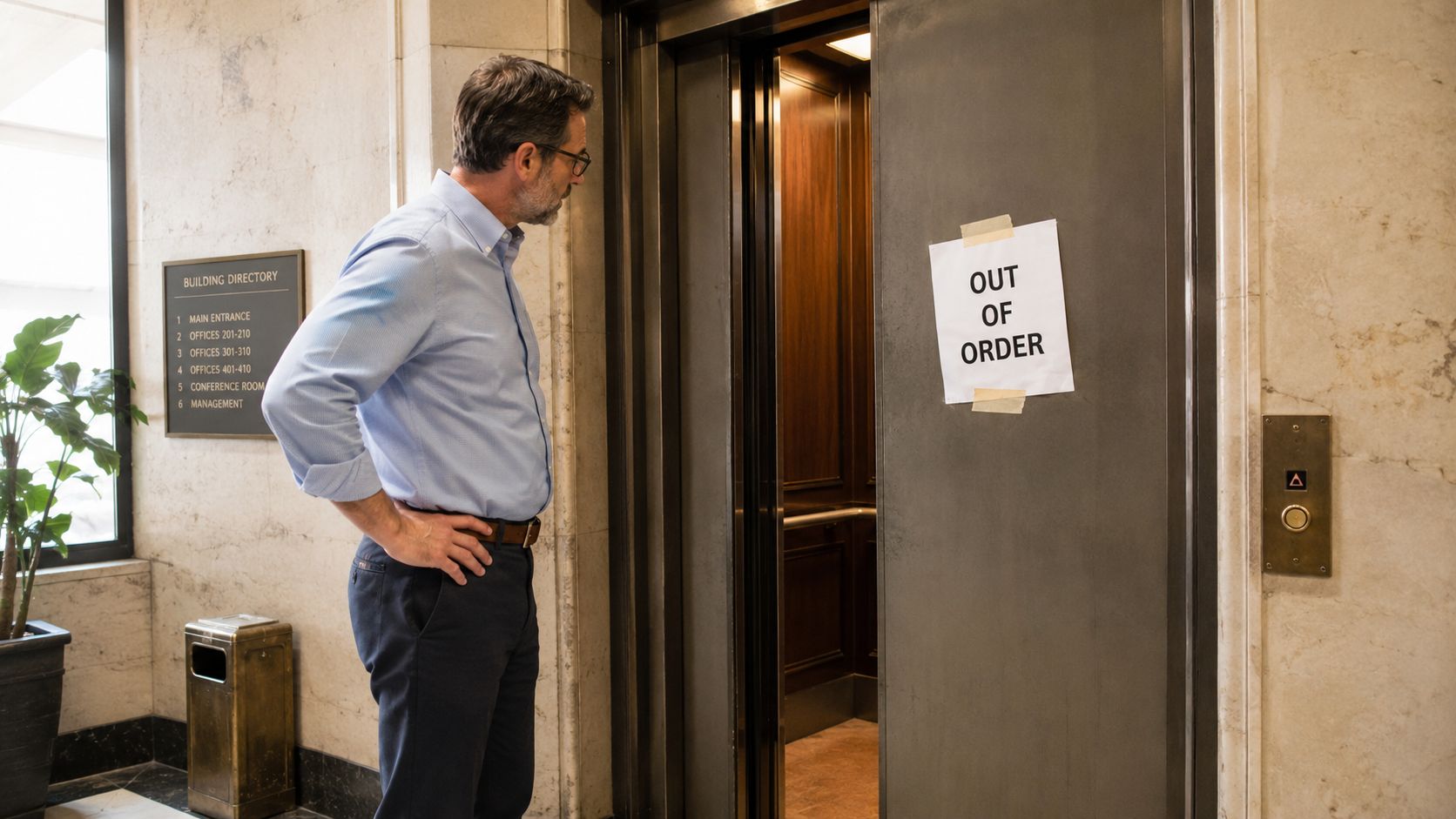 A man looking at a broken elevator in a lobby with an Out of Order sign.