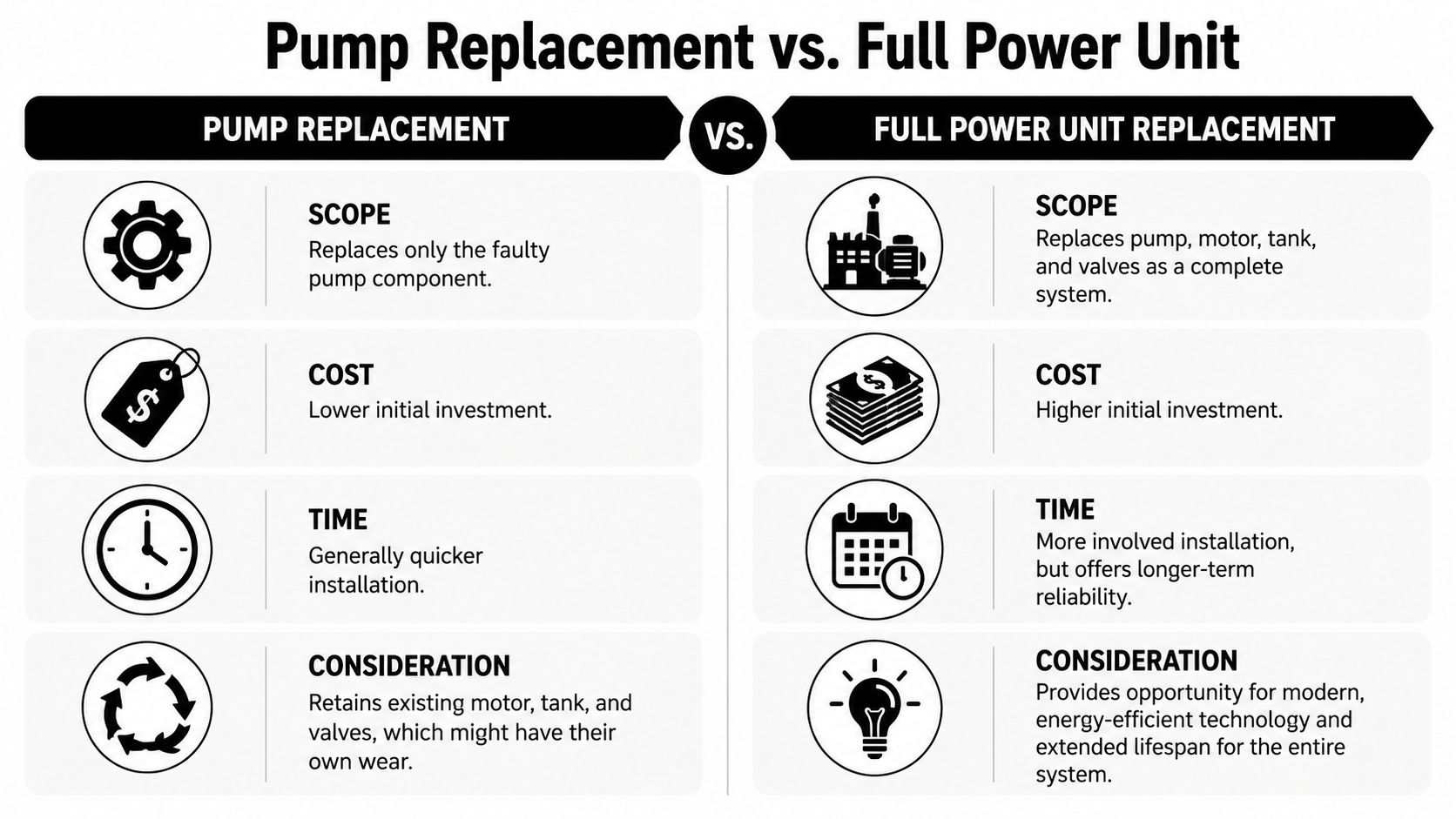 A comparison chart outlining the pros and cons of pump replacement versus a full power unit replacement.
