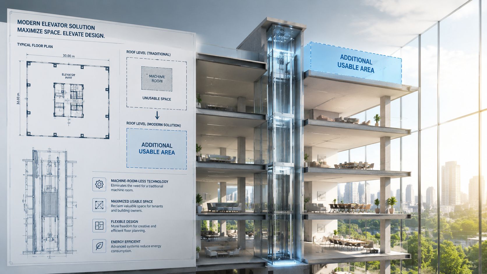 A diagram comparing traditional elevator machine rooms to modern machine-room-less elevator technology in a commercial building.