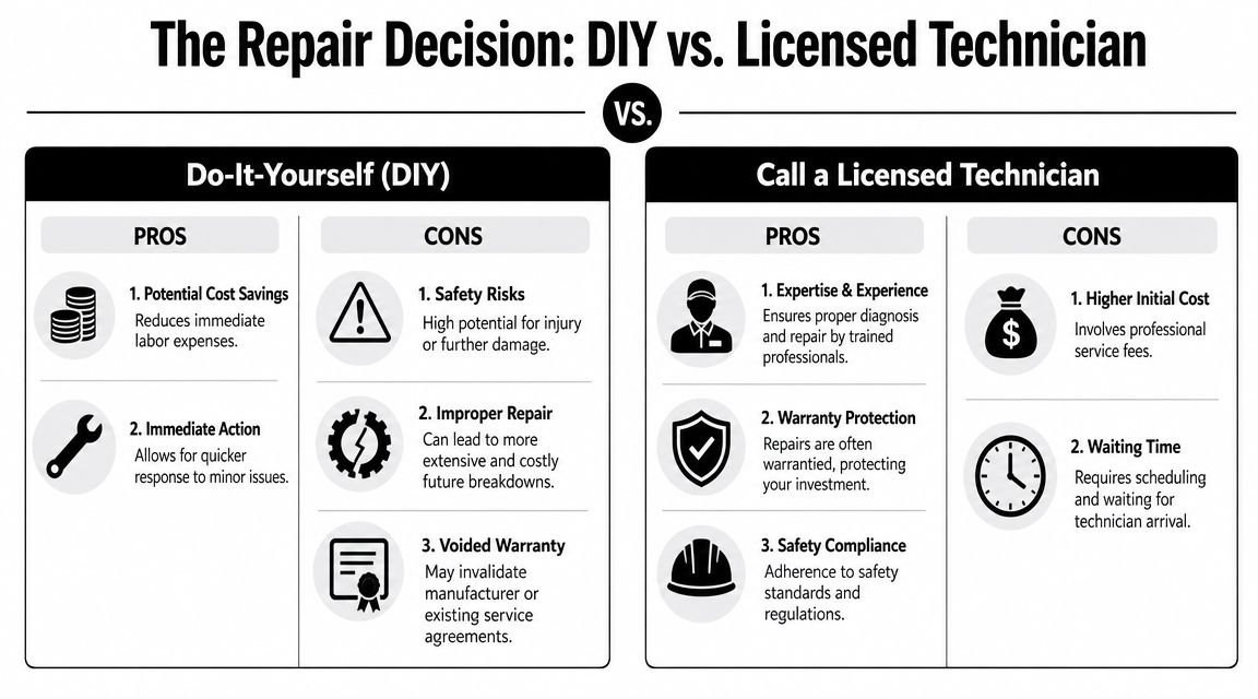 A comparison chart outlining the pros and cons of doing home repairs yourself versus hiring a licensed technician.