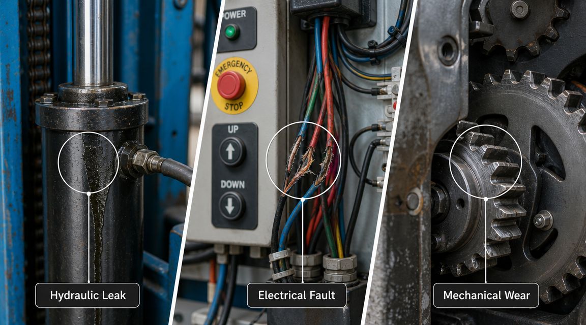 A split-view image highlighting three common industrial equipment failures: a hydraulic leak, exposed wiring, and gear wear.