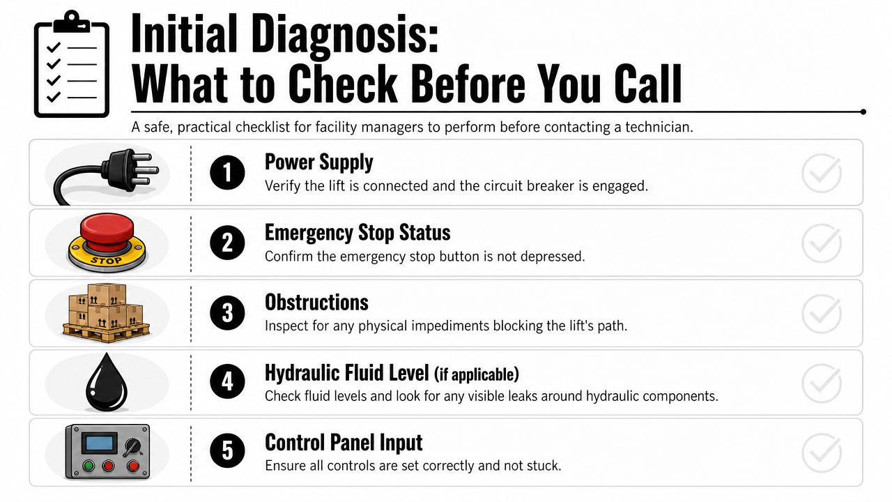 A safety checklist for facility managers to perform an initial diagnosis on a material lift before calling technicians.
