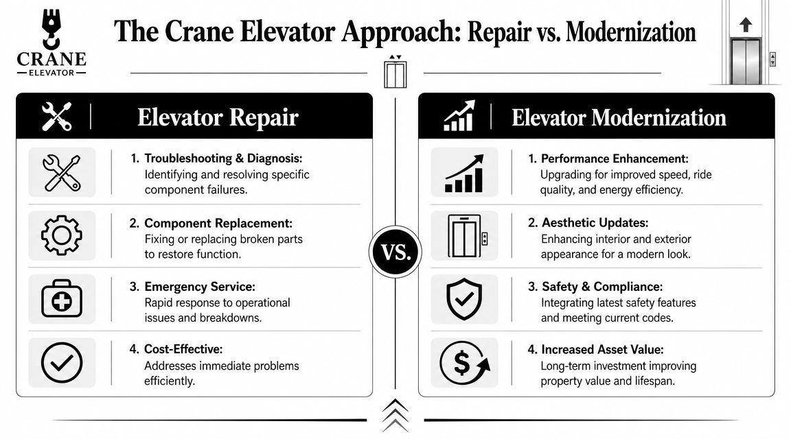 A comparison infographic between elevator repair services and elevator modernization for building owners and managers.