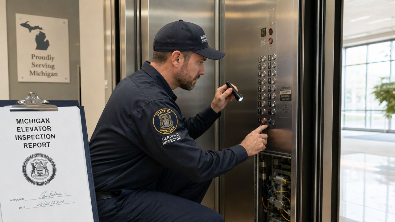 A Michigan state certified elevator inspector checks the control panel of an elevator with a flashlight.