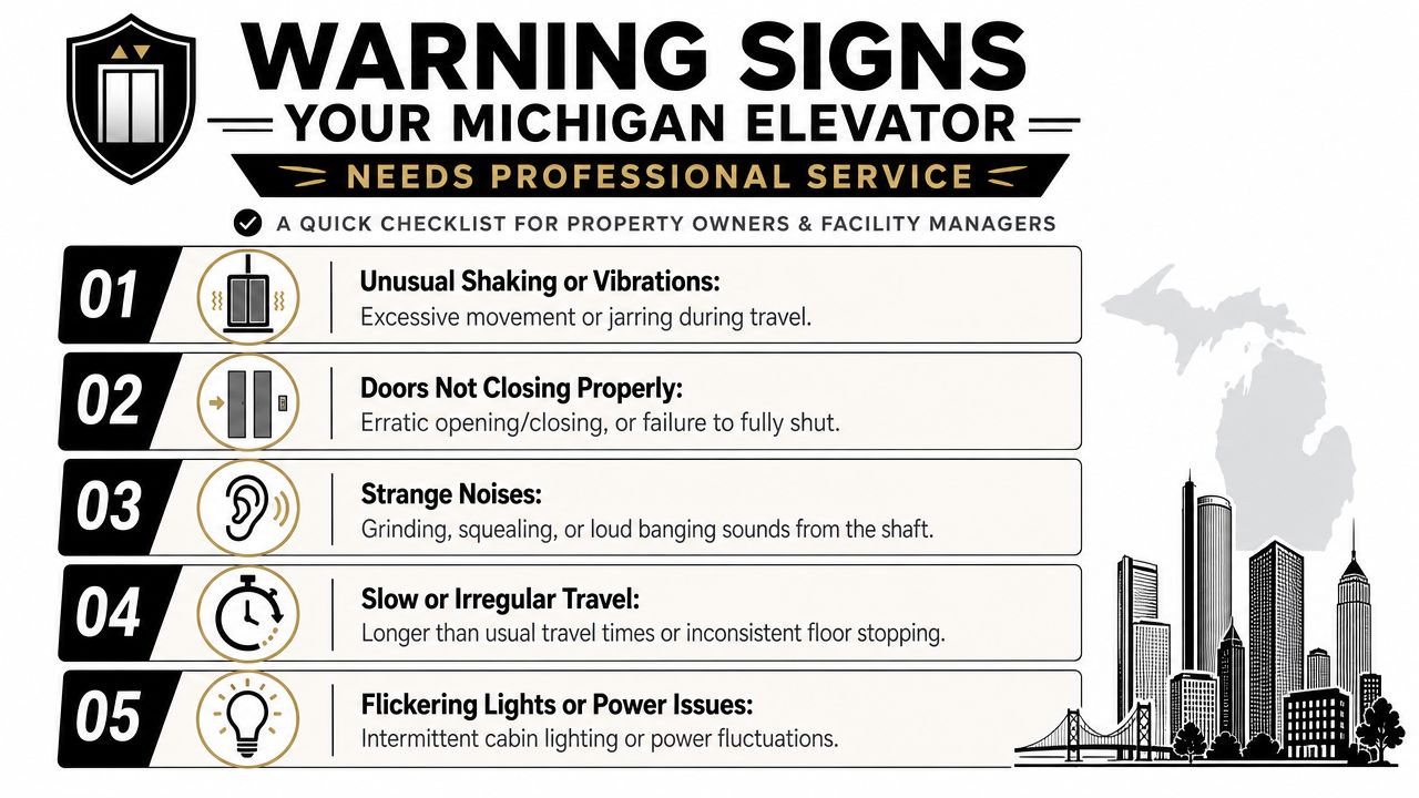 A checklist for Michigan property managers highlighting five warning signs that an elevator requires professional maintenance services.