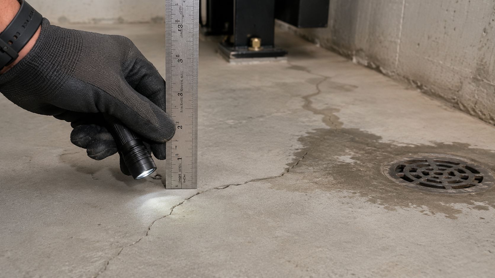 A gloved hand holds a flashlight and metal ruler to measure a floor crack near a drain.
