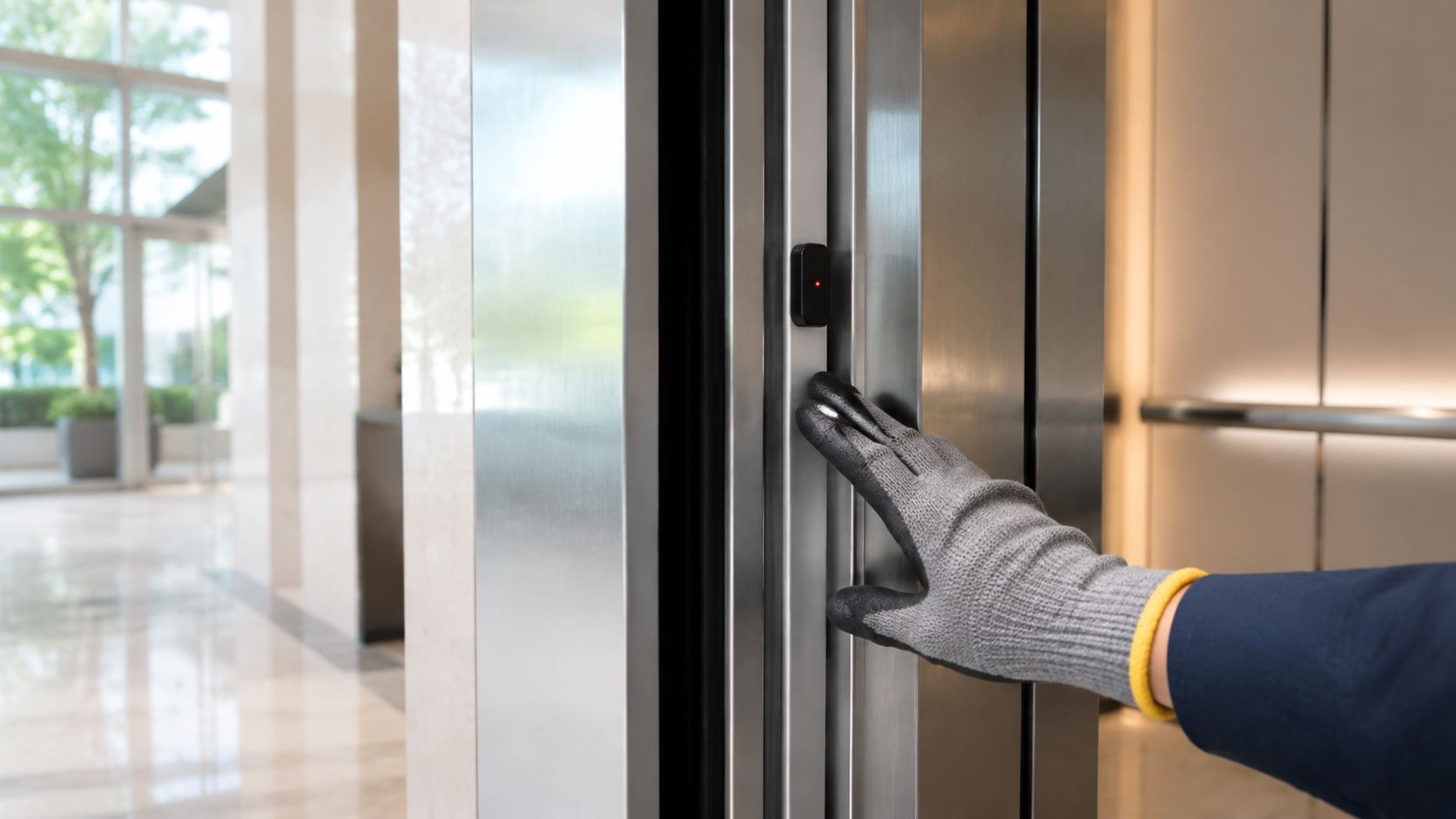 A gloved hand performing a safety check on an elevator door sensor in a modern building lobby.