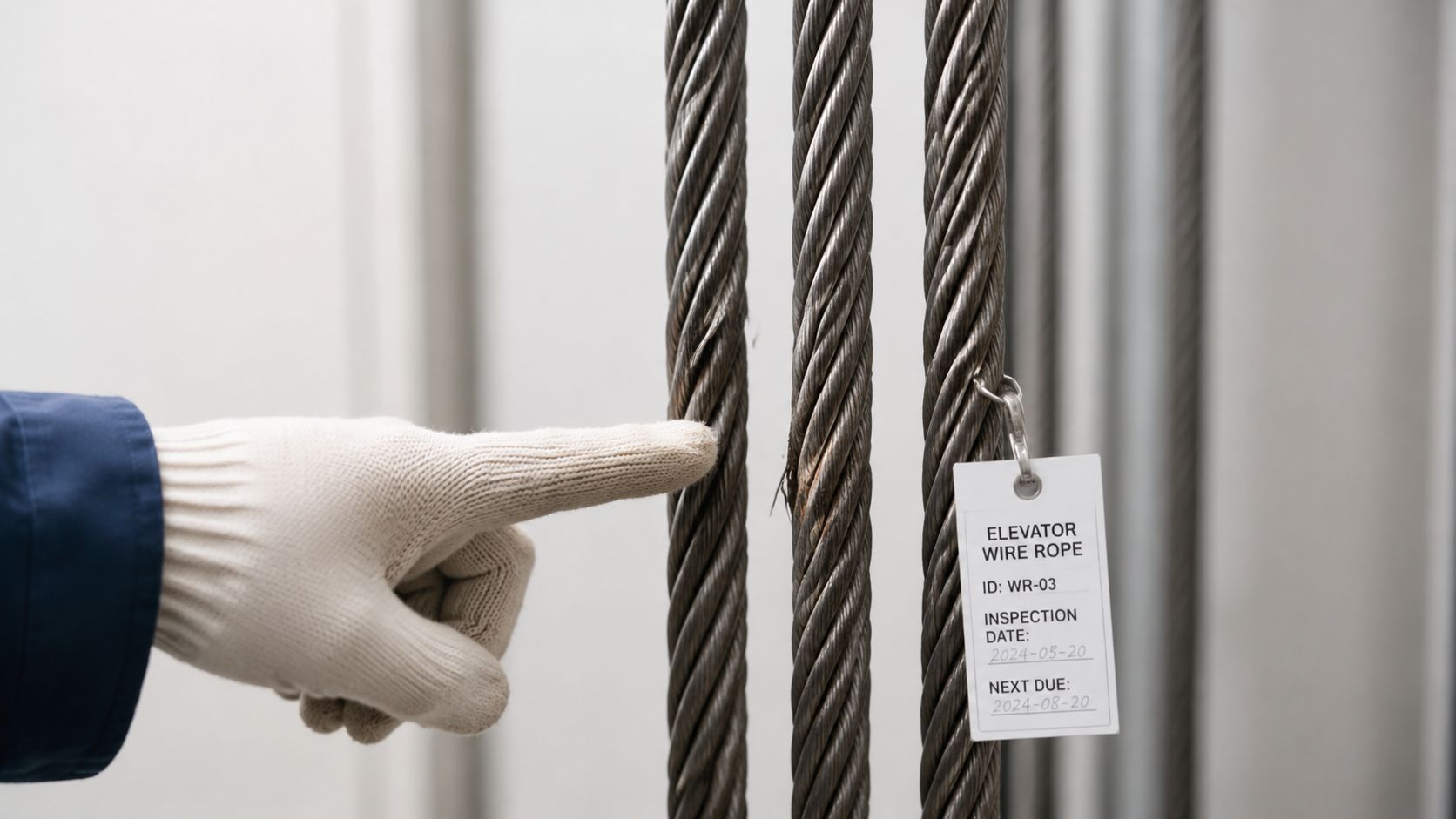 A technician wearing a work glove points to damage on a wire rope elevator cable.