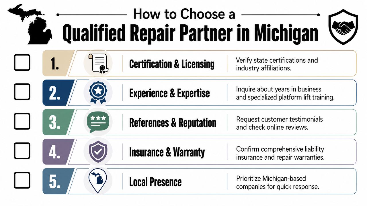 A checklist infographic titled How to Choose a Qualified Repair Partner in Michigan with five essential tips.