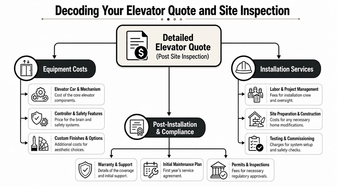 An infographic titled Decoding Your Elevator Quote and Site Inspection, detailing costs for residential elevator installation.
