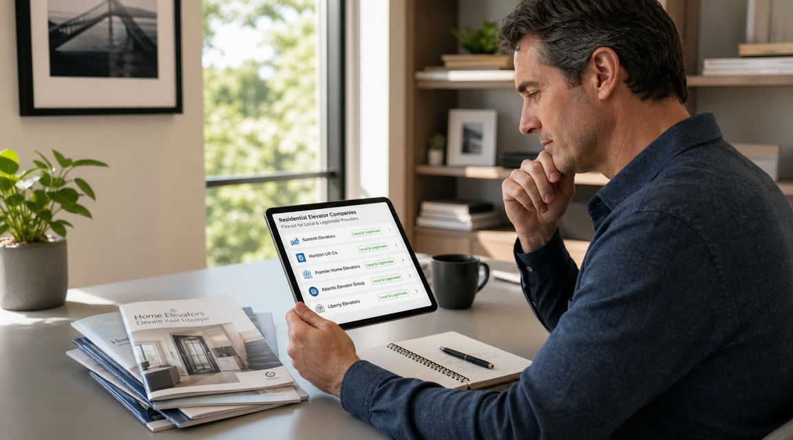 A man reviewing a list of residential elevator companies on a tablet at his desk.