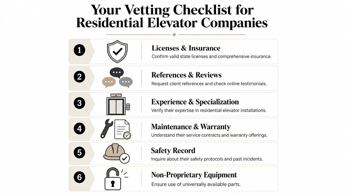 A helpful checklist guide for vetting and choosing reliable professional residential elevator installation companies for your home.