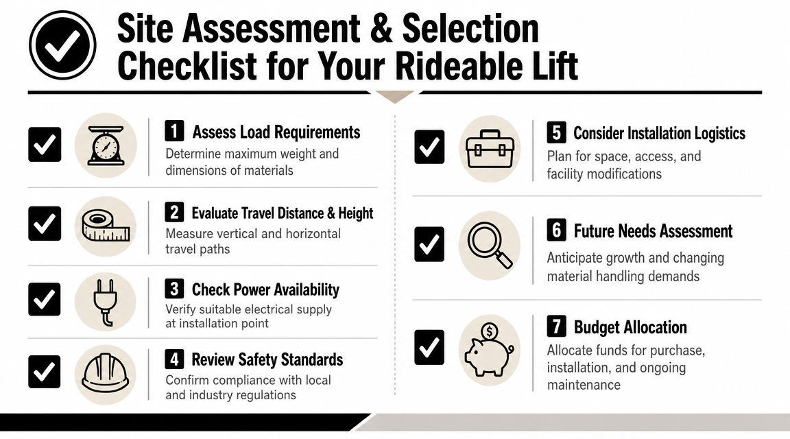 A checklist for assessing and selecting a rideable material lift, featuring seven key steps for planning.