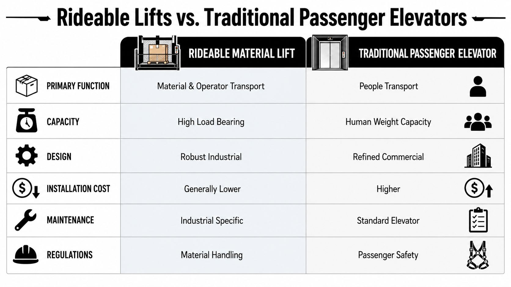 A comparison chart outlining the differences between rideable material lifts and traditional passenger elevators for industrial use.