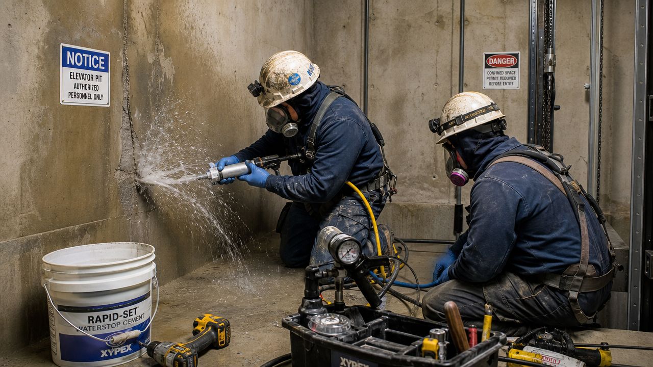 Two construction workers in safety gear injecting sealant into a concrete wall inside an elevator pit.