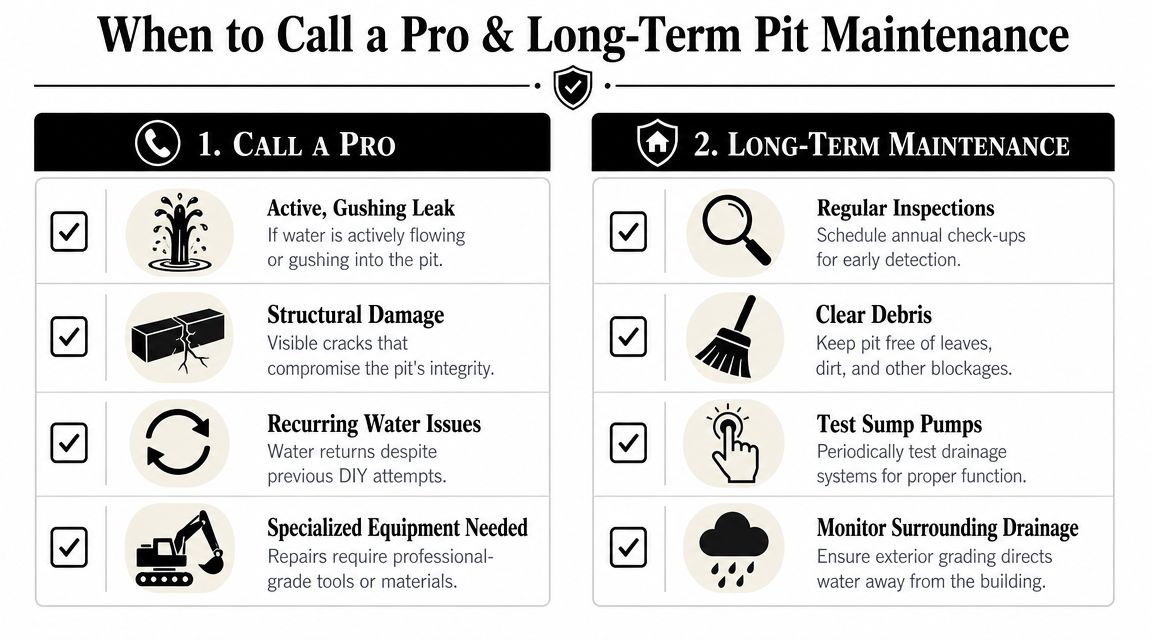 A checklist infographic detailing when to call professional help versus conducting long-term waterproofing maintenance for elevator pits.
