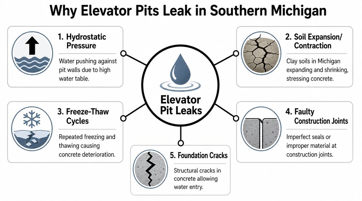 A diagram explaining five common causes of elevator pit leaks in Southern Michigan including environmental factors.