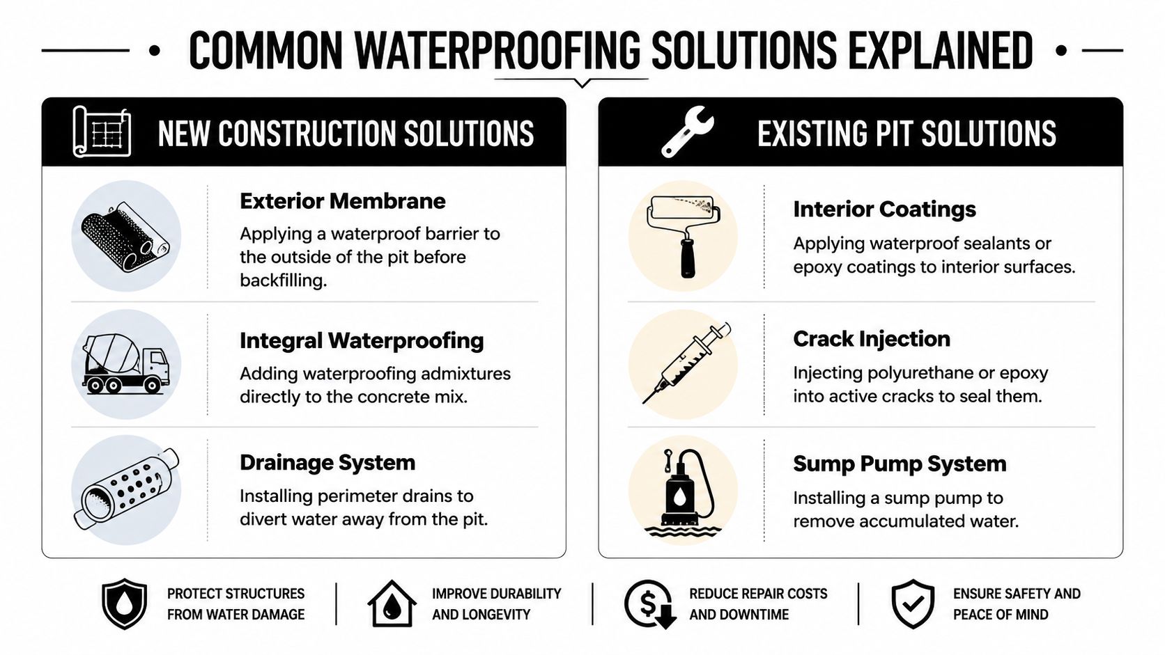An infographic showing common waterproofing solutions for new construction and existing elevator pits to prevent damage.