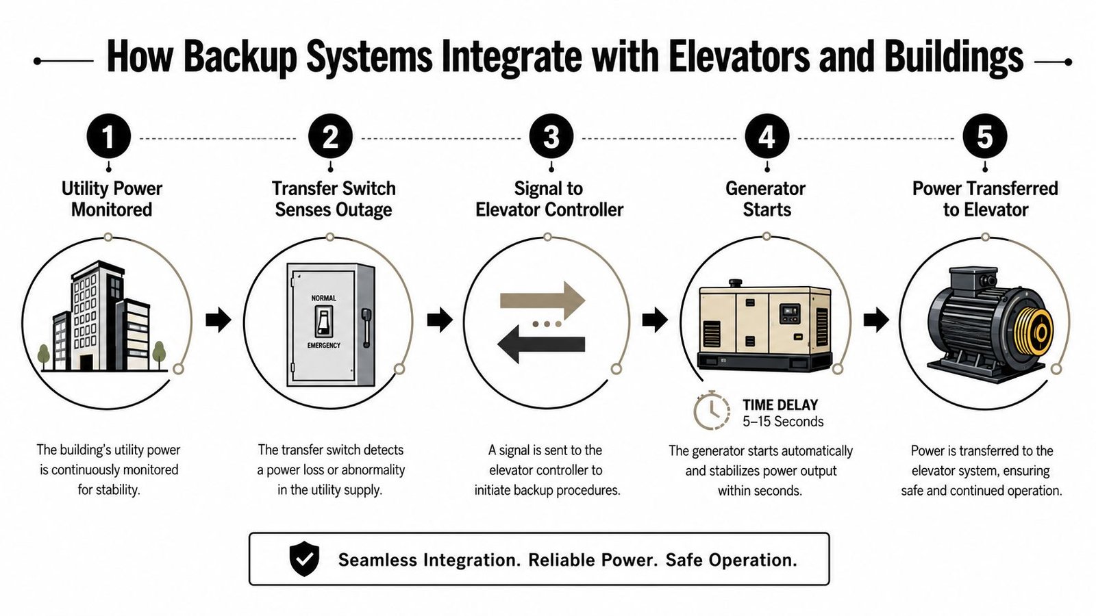 A five-step infographic showing how backup generator systems provide power to elevators during utility outages.