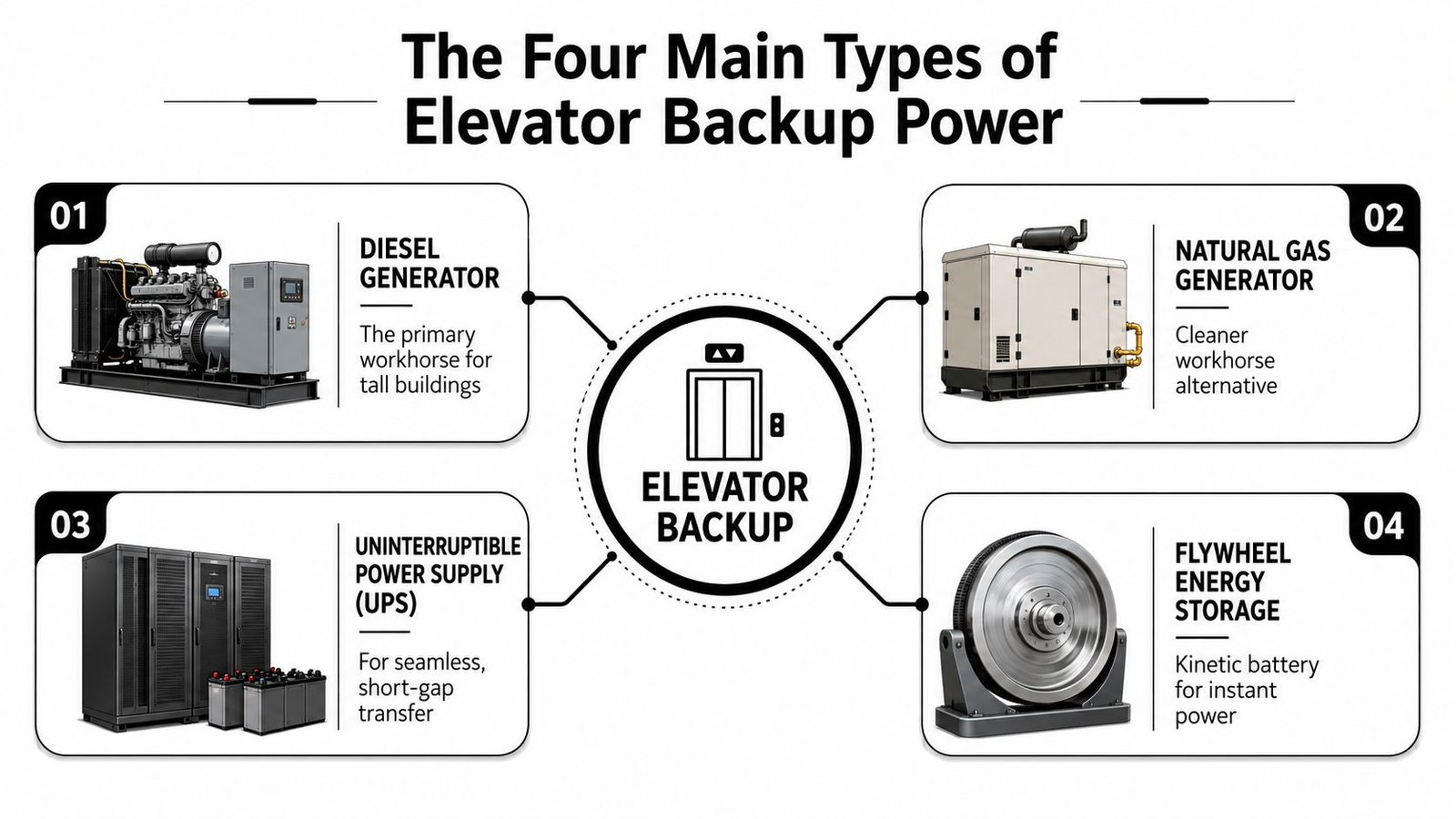 A diagram illustrating the four main types of elevator backup power systems including generators and energy storage.