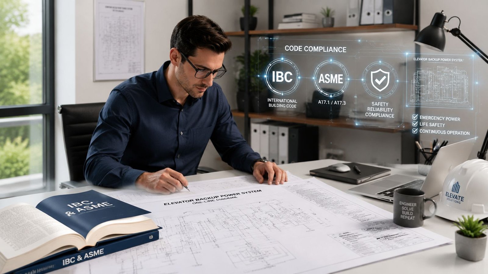 A professional engineer reviewing technical blueprints for elevator backup power systems in a modern office.