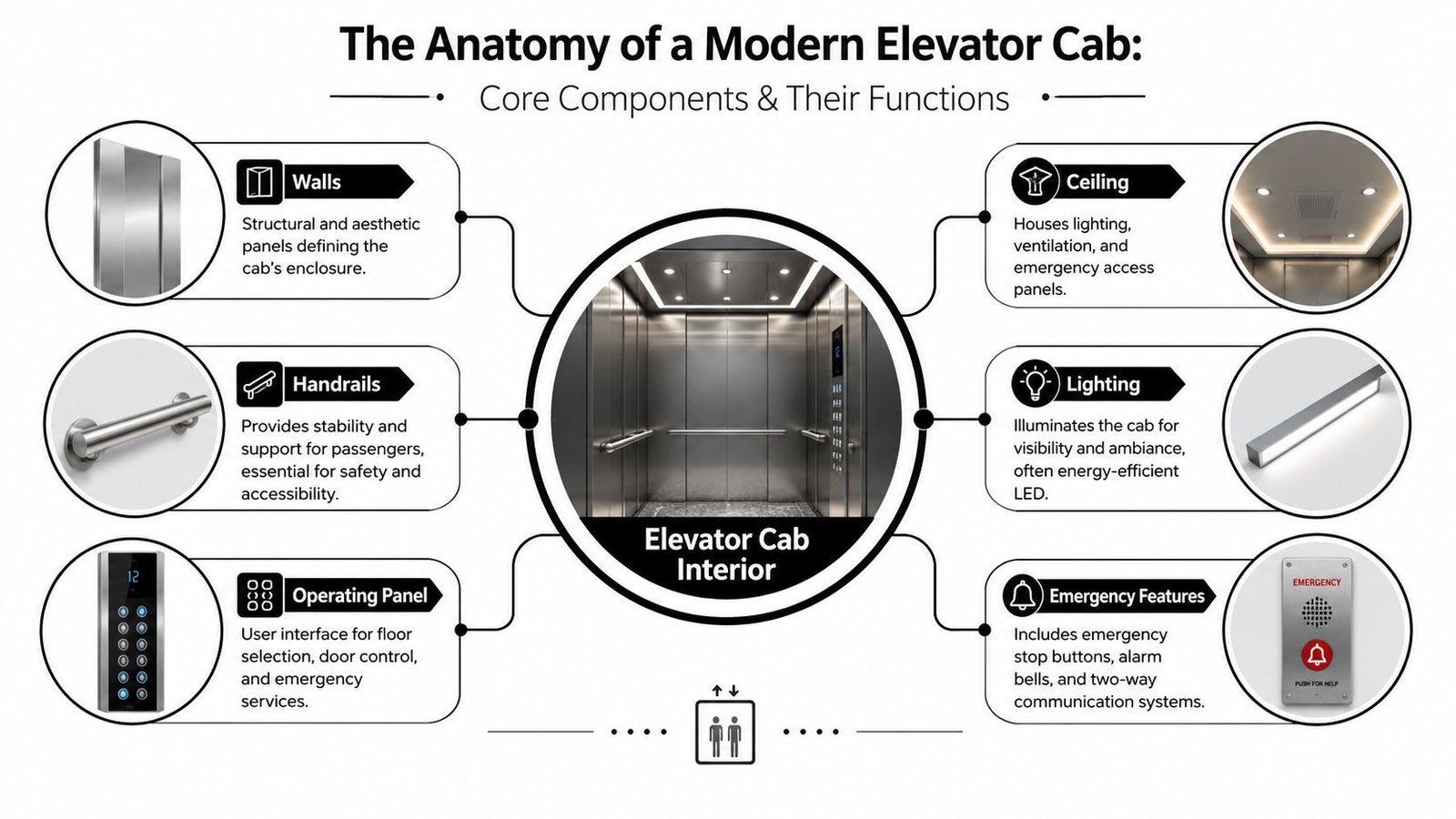 A diagram illustrating the core components of a modern elevator cab including walls, ceiling, handrails, and controls.