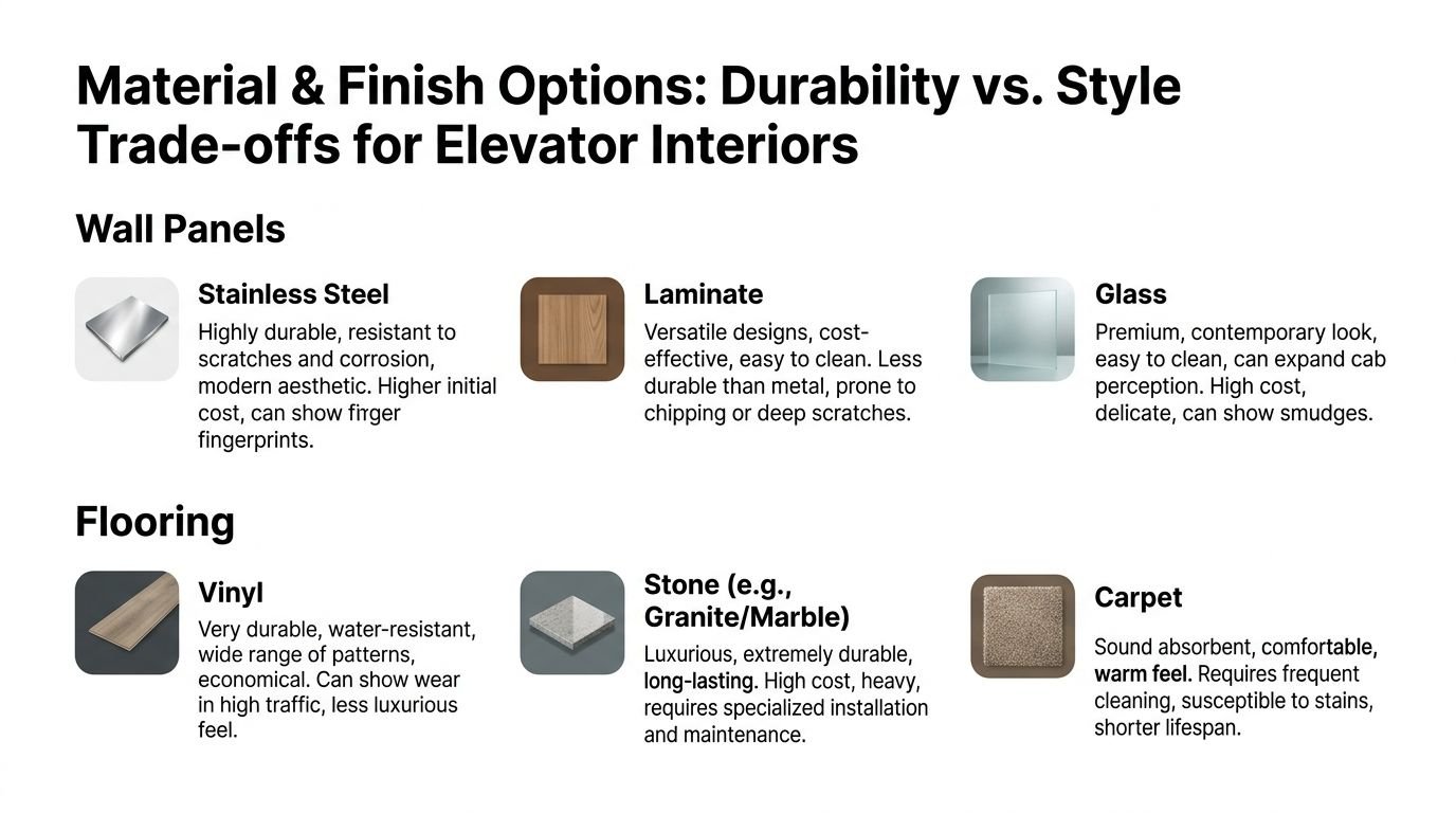 A comparison chart outlining the durability and style benefits and drawbacks for various elevator interior wall and floor materials.