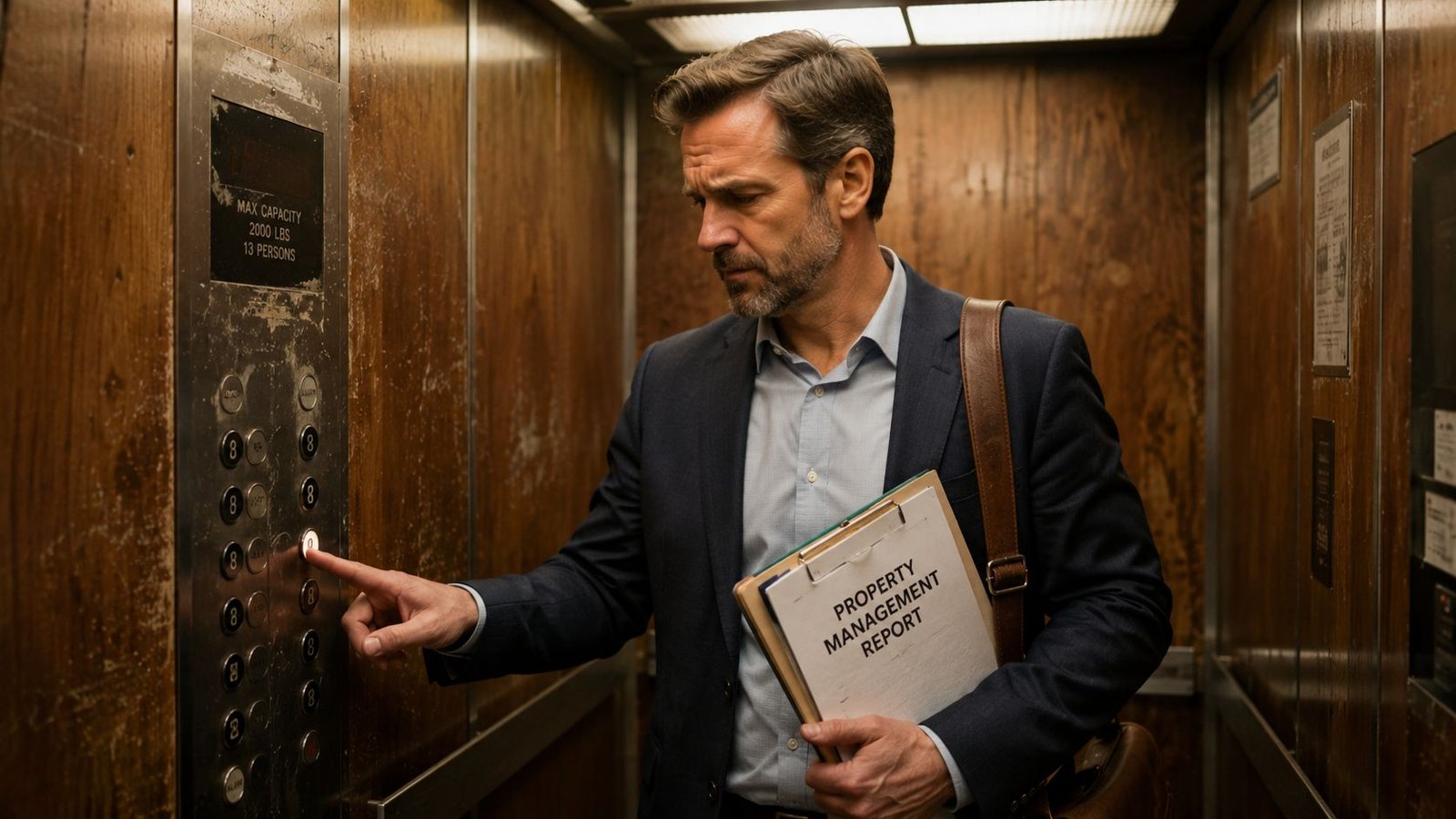A professional man holding a property management report inside a vintage wooden elevator cab pressing a button.