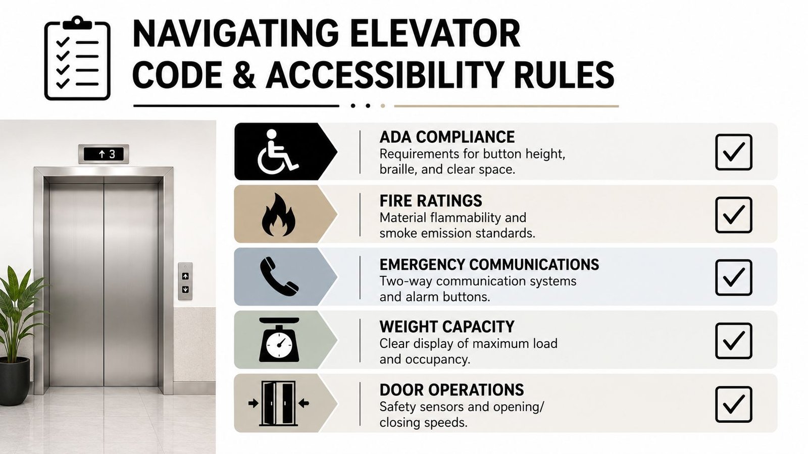 A checklist infographic outlining important elevator code, accessibility, fire safety, and operational compliance requirements for buildings.