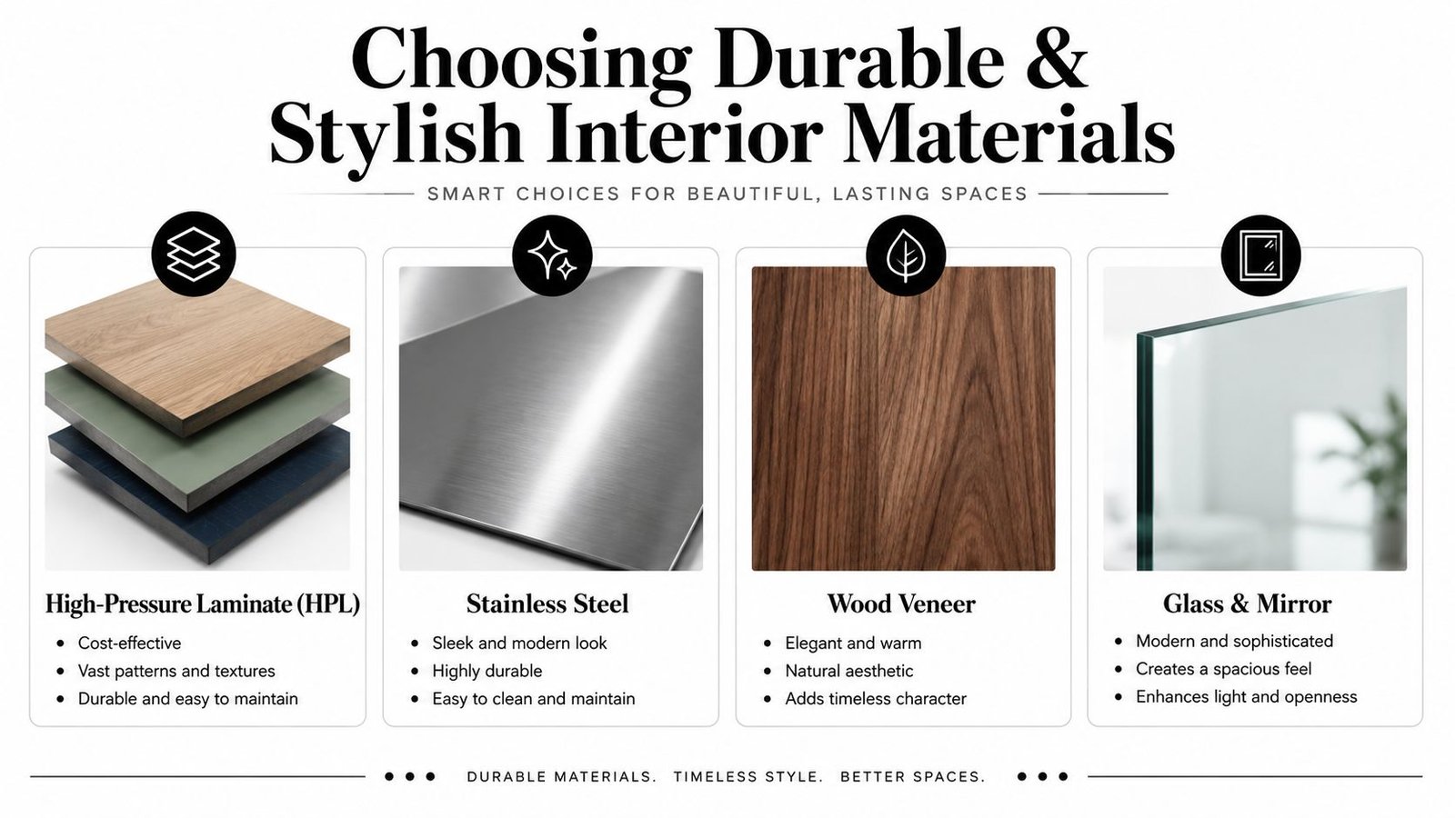 A guide showing four durable and stylish interior materials: HPL, stainless steel, wood veneer, and glass.