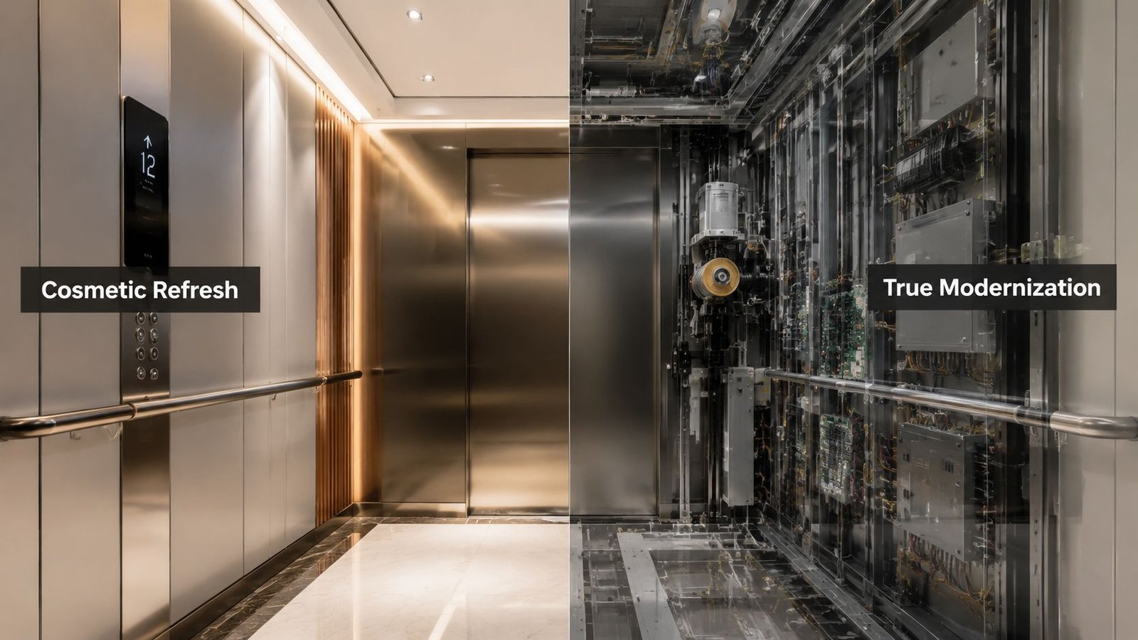 A split-screen comparison showing a modern elevator cab interior versus its complex internal machinery components.