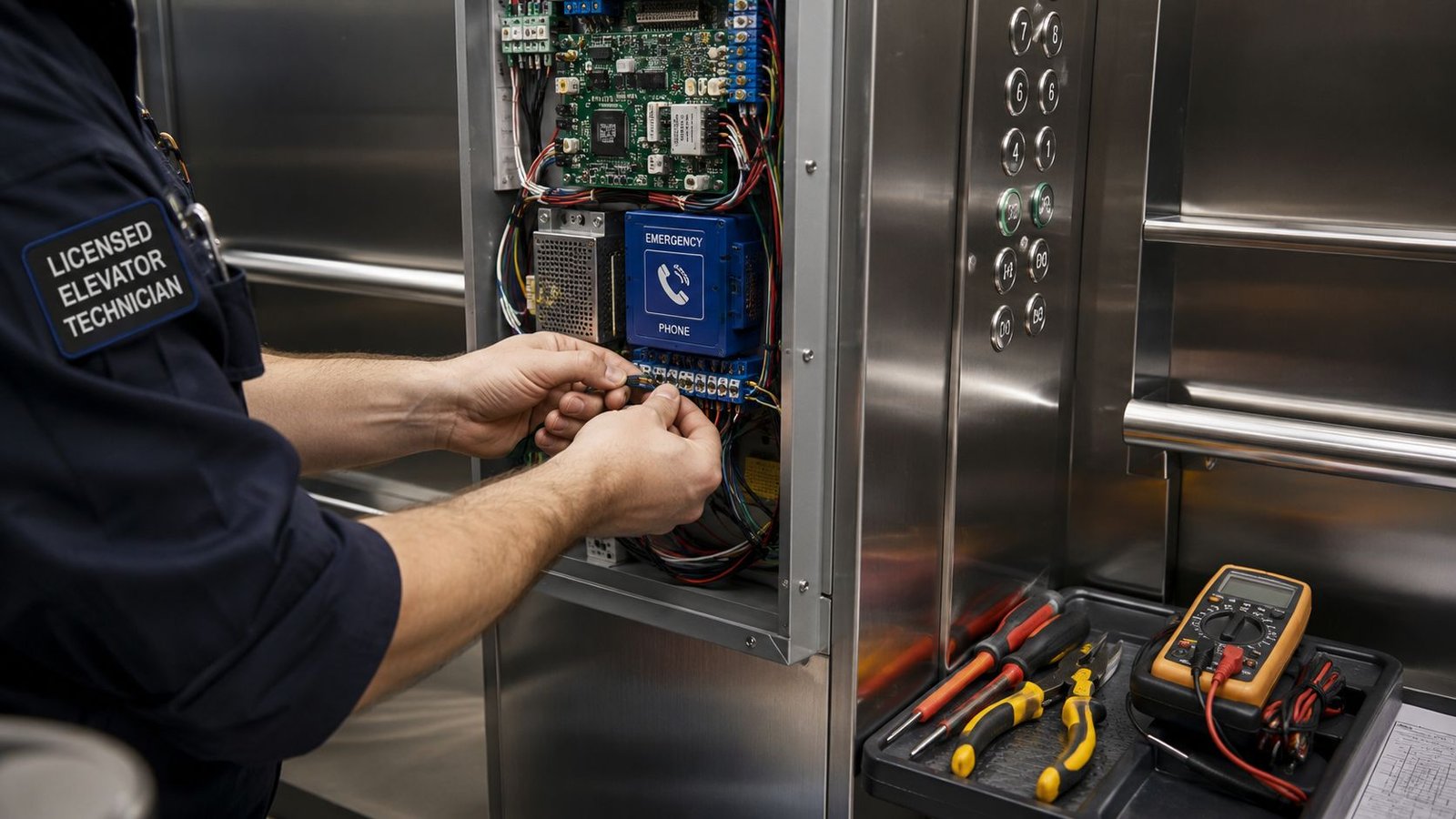 A licensed elevator technician working on the wiring of an emergency phone system inside an elevator panel.