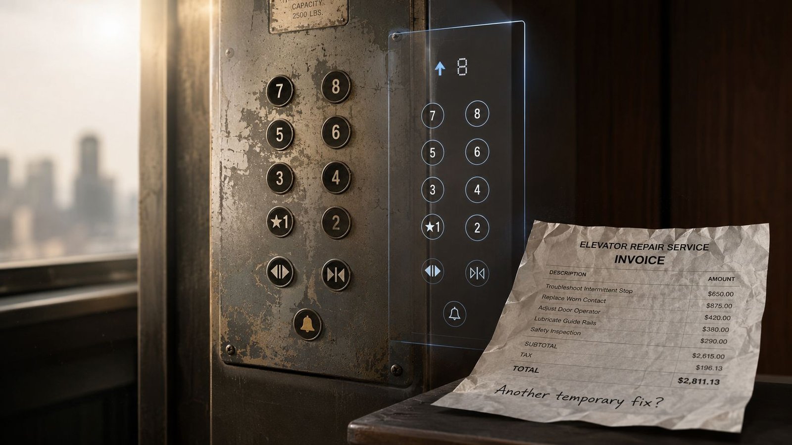 A close-up view of an old elevator control panel next to a crumpled elevator repair service invoice.
