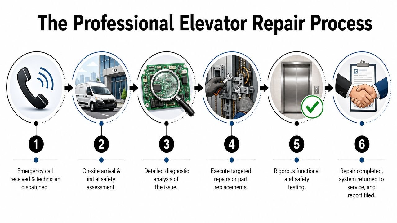 A six-step infographic illustrating the professional process for performing emergency elevator repairs and maintenance.