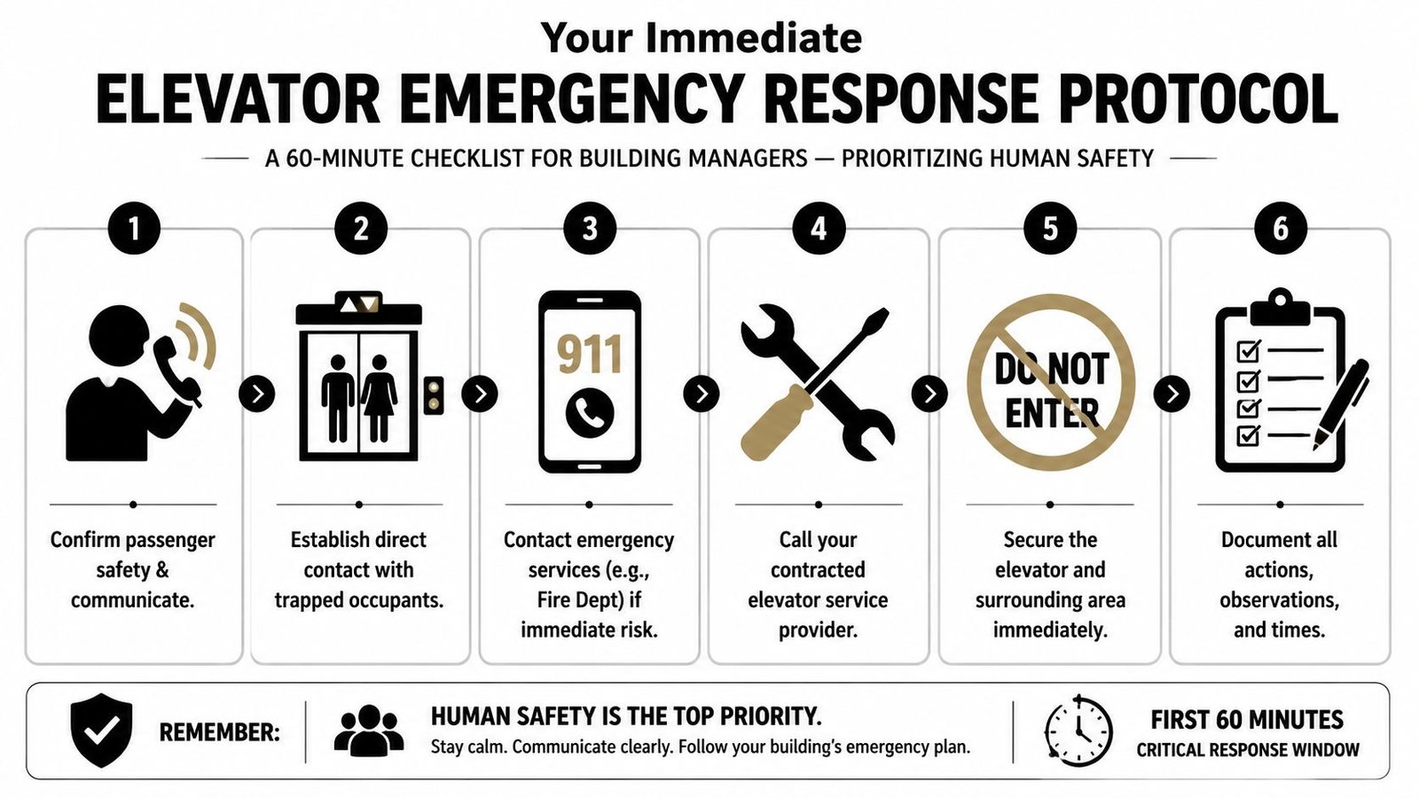 A six-step emergency protocol infographic for building managers to follow when passengers are trapped in an elevator.
