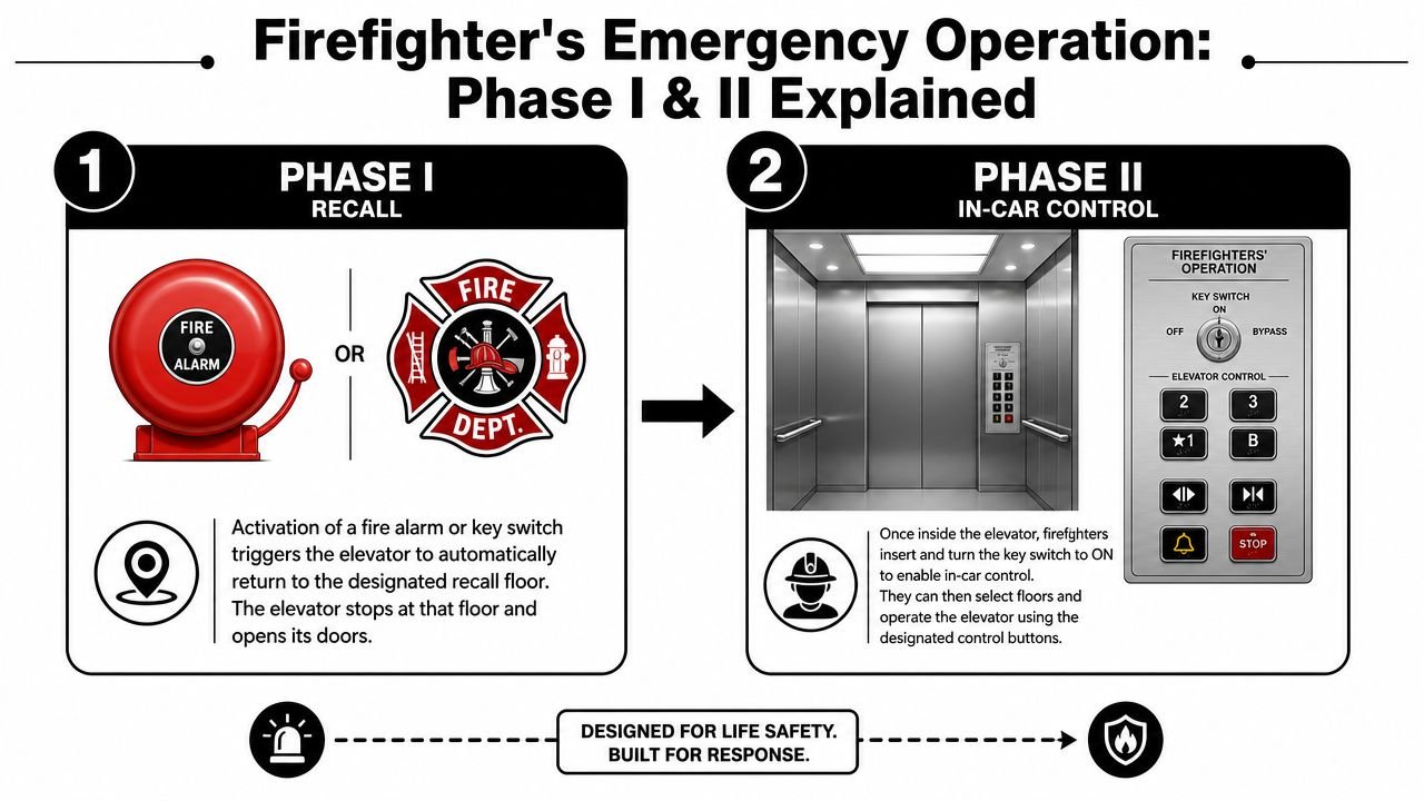 An infographic explaining elevator firefighter emergency operations, detailing Phase I recall and Phase II in-car control procedures.