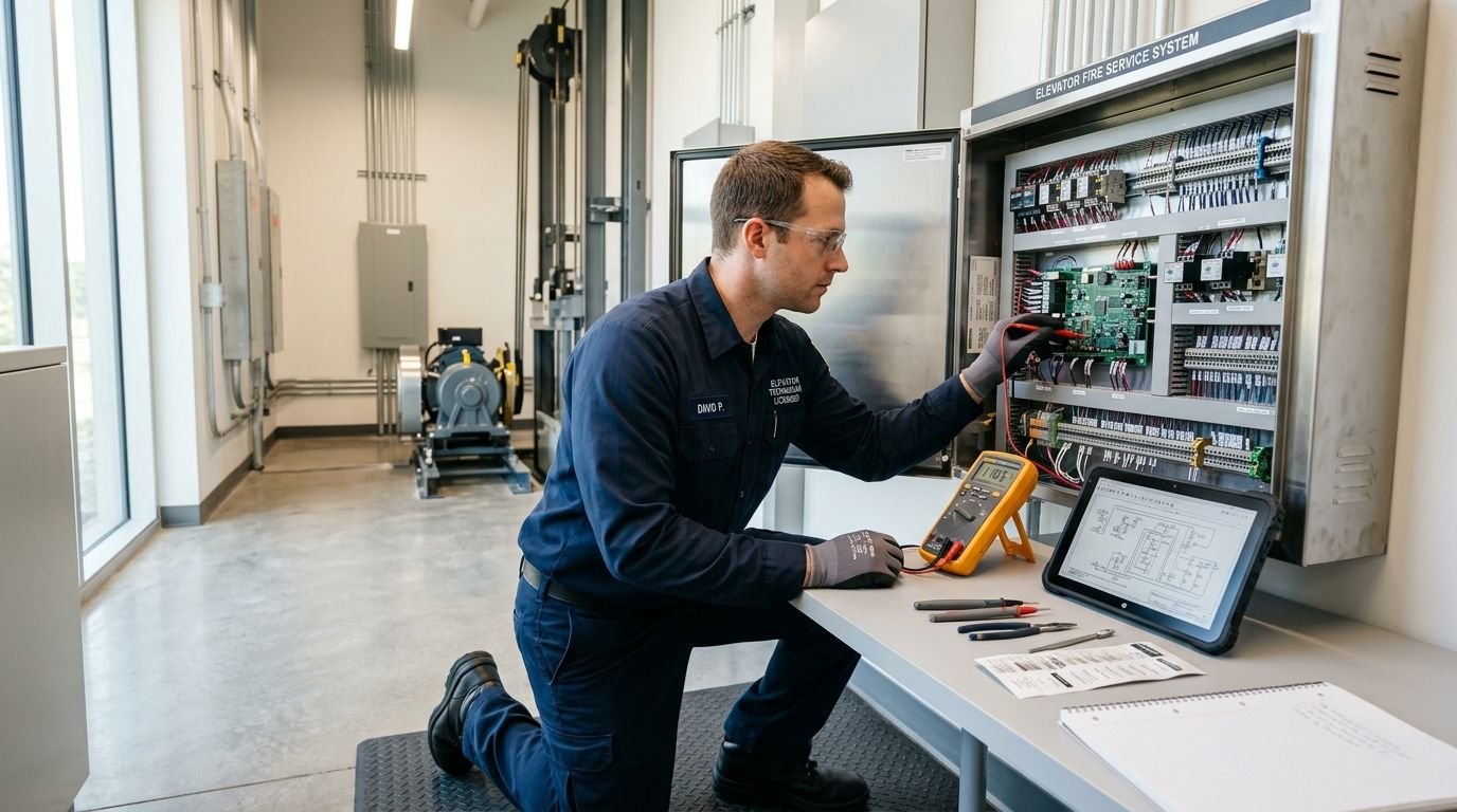 A professional elevator technician wearing safety glasses and gloves performing maintenance on a fire service control panel.