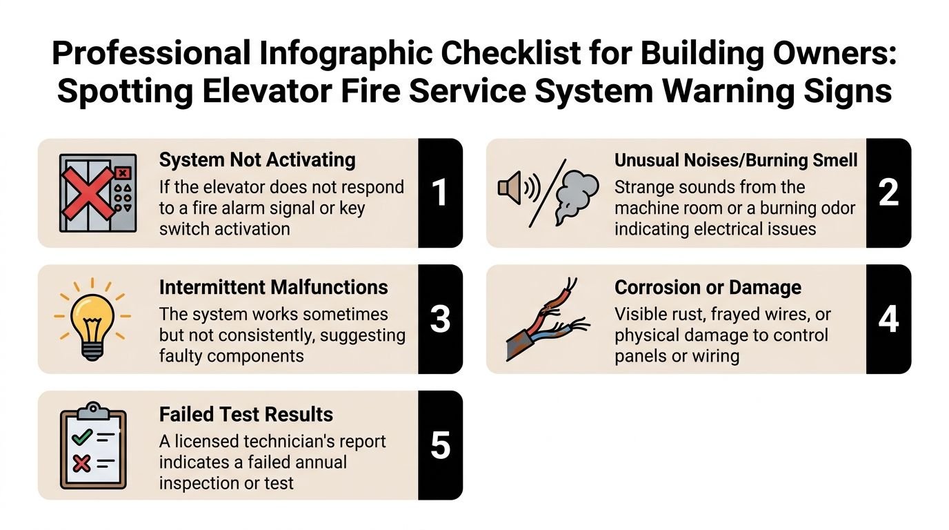 An infographic checklist for building owners detailing five warning signs of a faulty elevator fire service system.