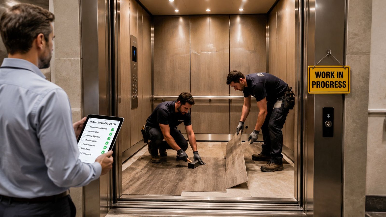 A professional team installs new vinyl flooring in an elevator while a supervisor checks the installation progress.
