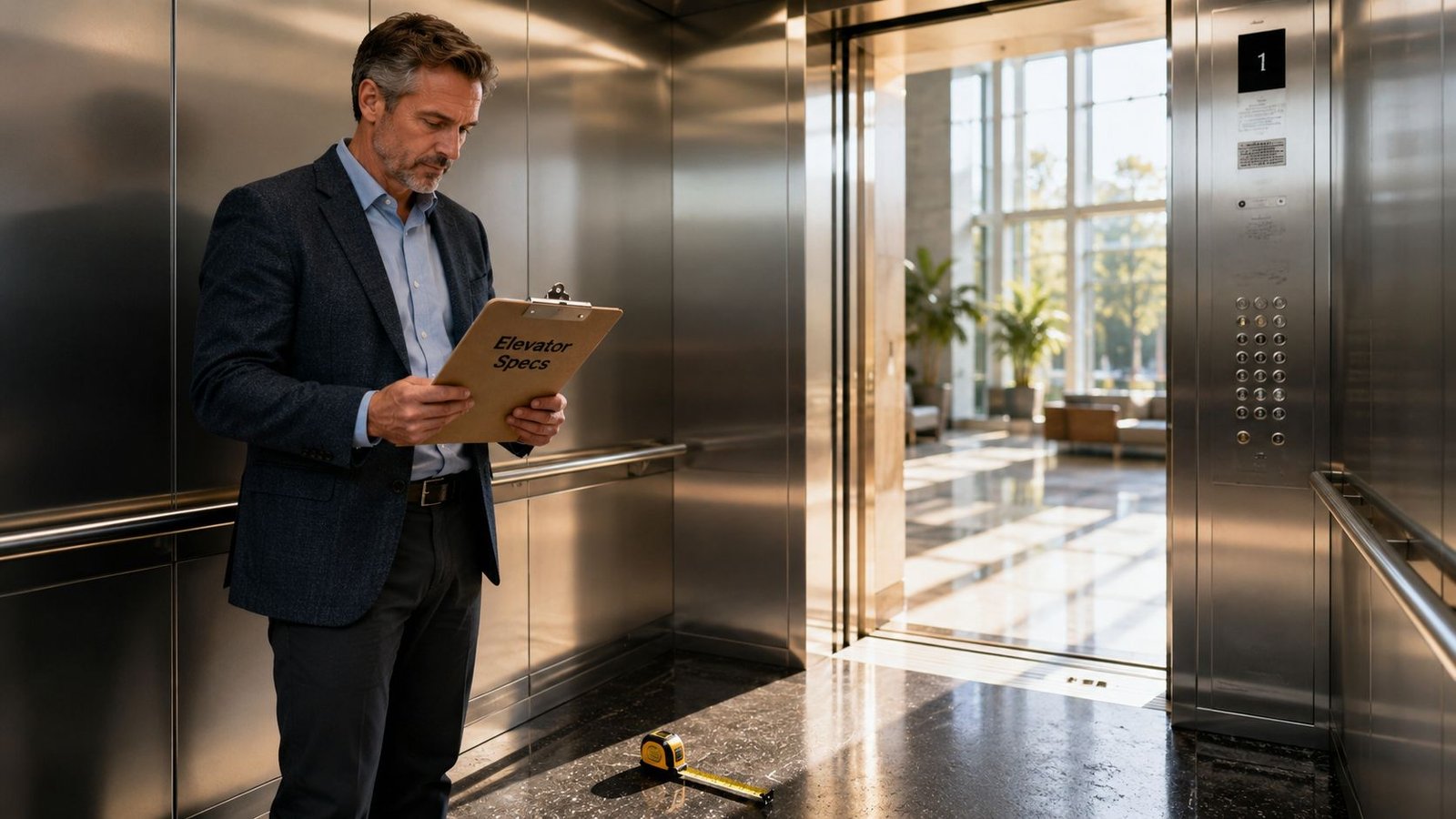 A professional inspector in a suit reviewing elevator specifications while standing in an elevator cabin.