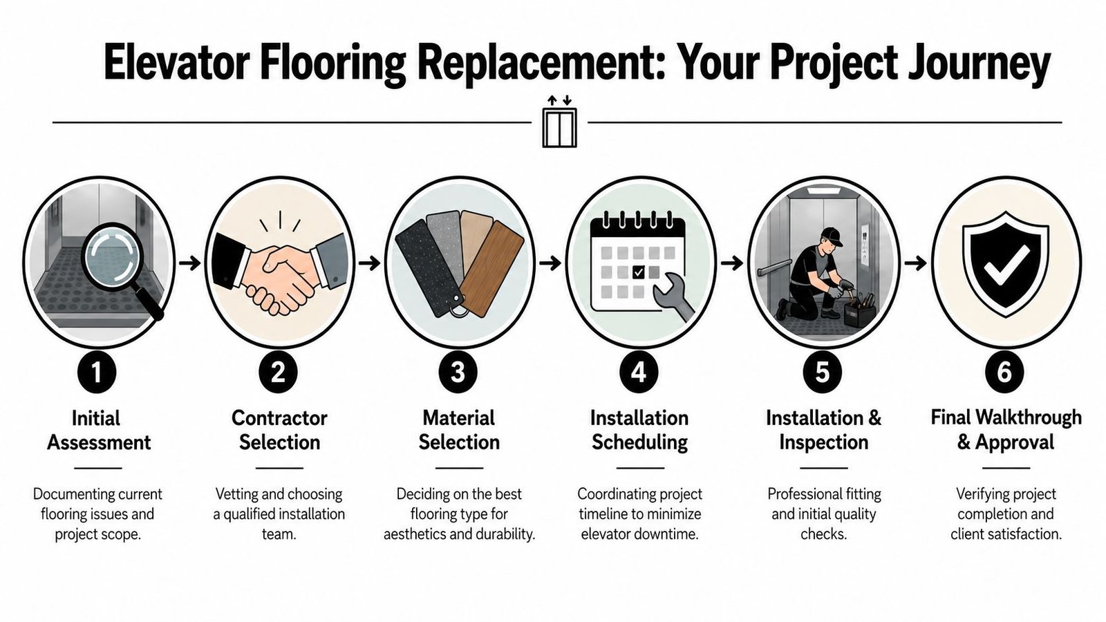 A six-step infographic detailing the process for professional elevator flooring replacement from assessment to final approval.