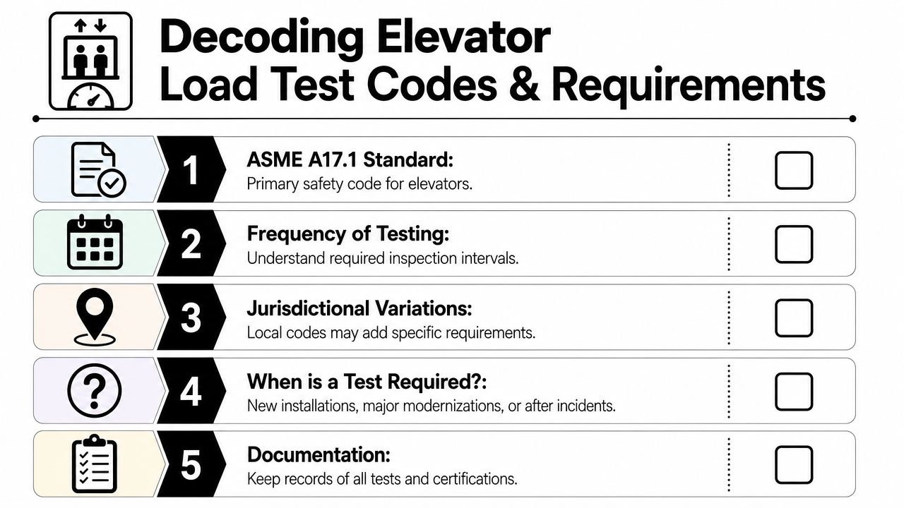 A checklist infographic titled Decoding Elevator Load Test Codes and Requirements, listing five key compliance steps.