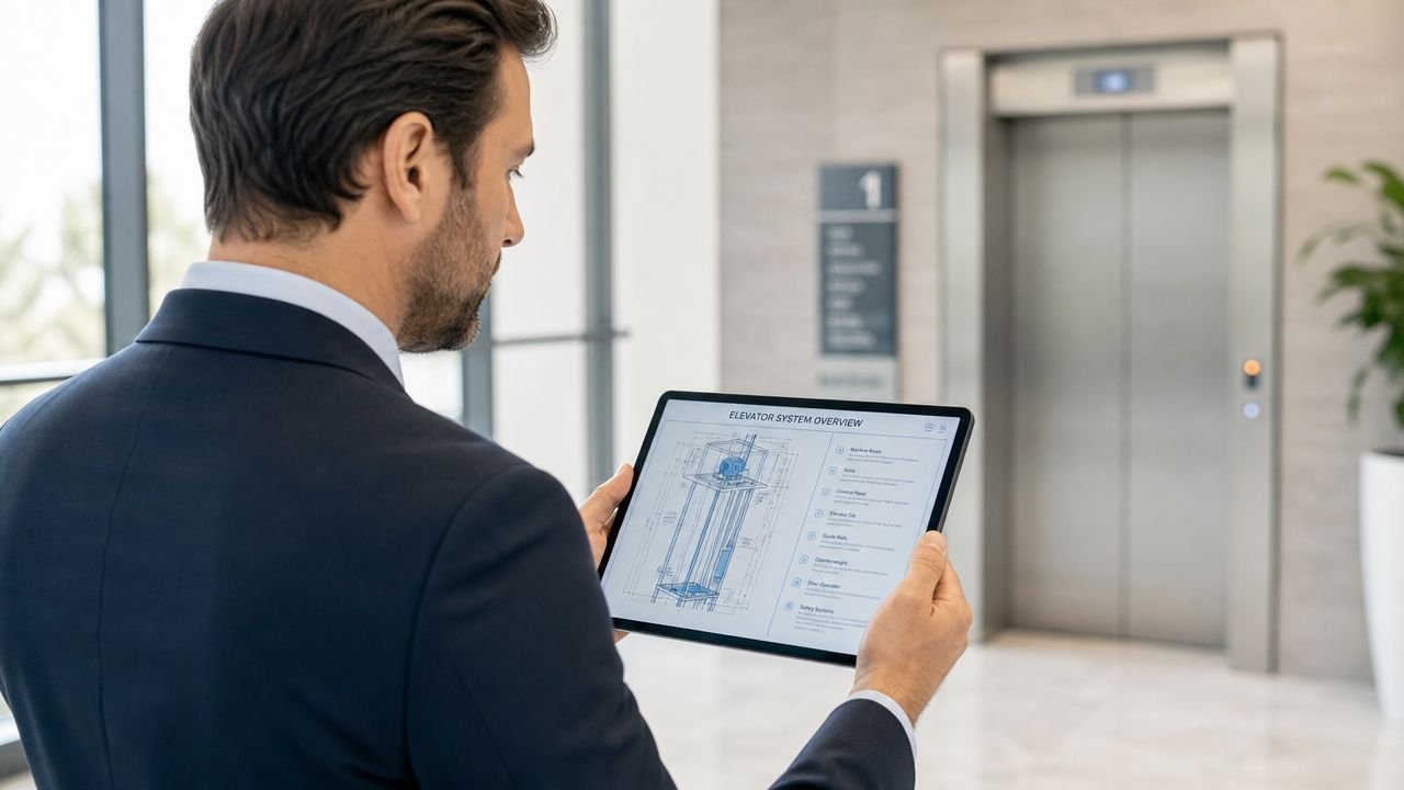 A professional man in a suit looking at an elevator system schematic on a tablet.