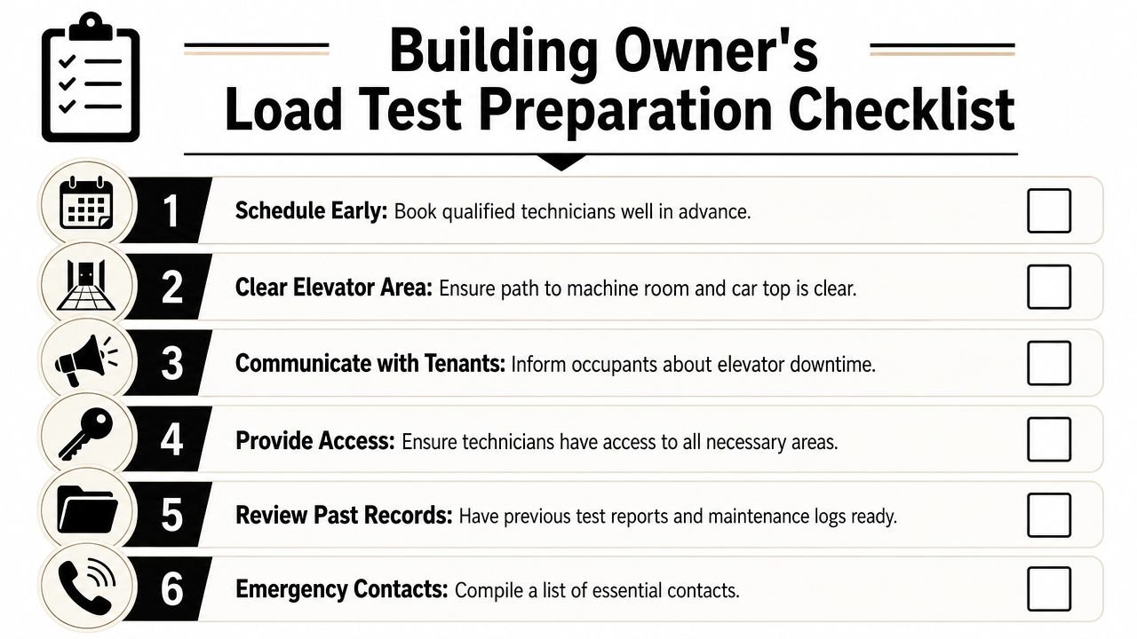 A checklist for building owners to prepare for elevator load testing, featuring six numbered essential steps.