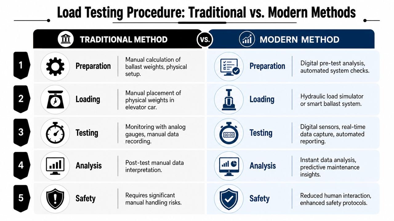 A comparison table contrasting traditional manual load testing methods with modern automated elevator testing techniques.