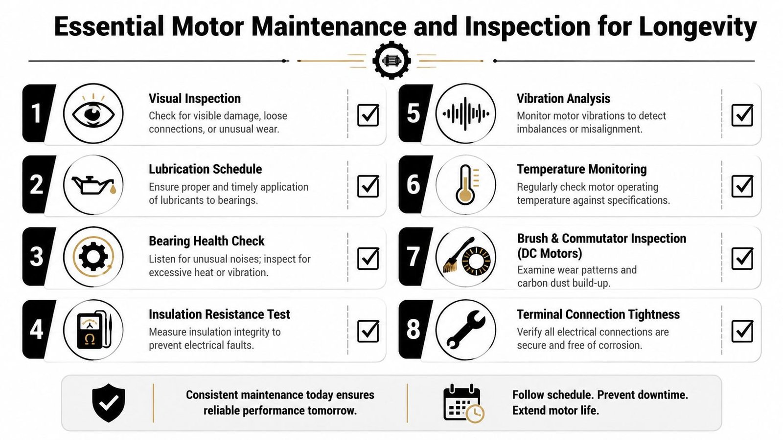An infographic detailing eight essential maintenance steps to ensure motor longevity, safety, and operational reliability.