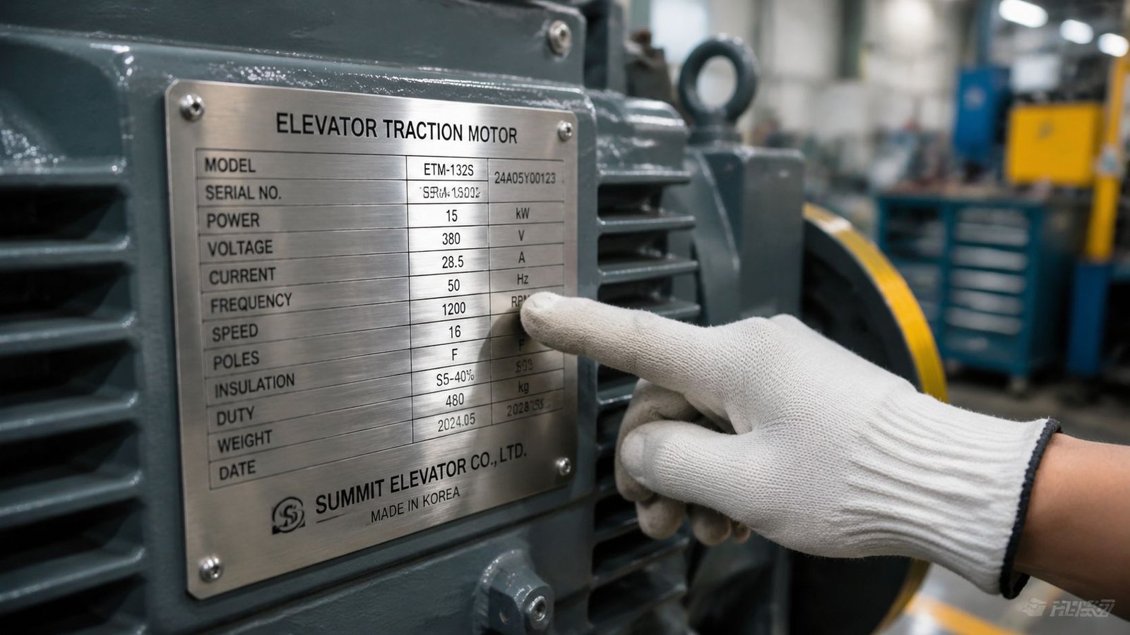 A gloved finger points to the technical specifications on an elevator traction motor metal nameplate.
