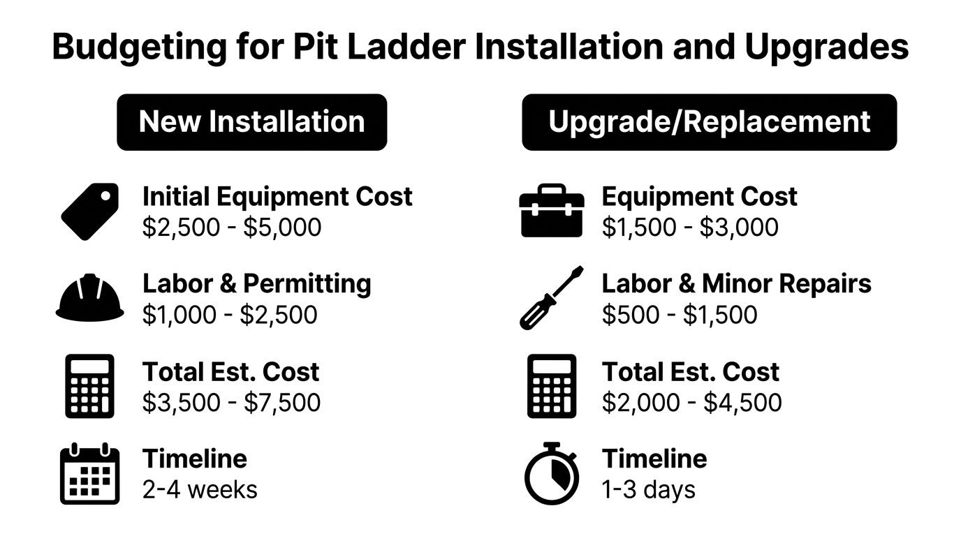 A budget breakdown comparison for new elevator pit ladder installations versus upgrades and replacement costs.