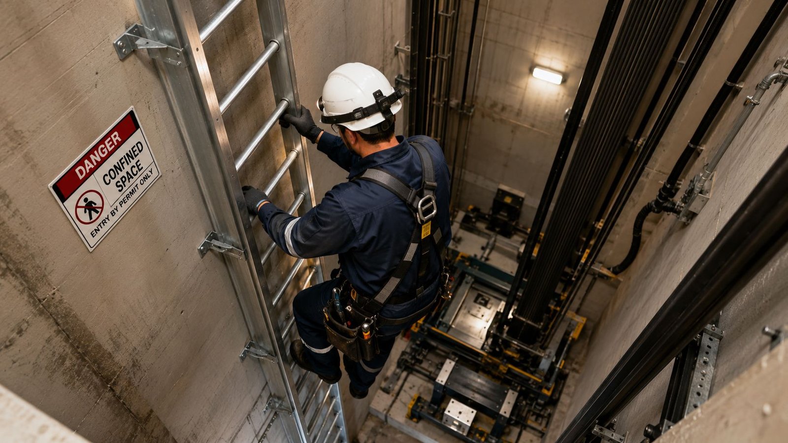 A maintenance worker in protective gear climbing down a metal ladder inside an elevator shaft.