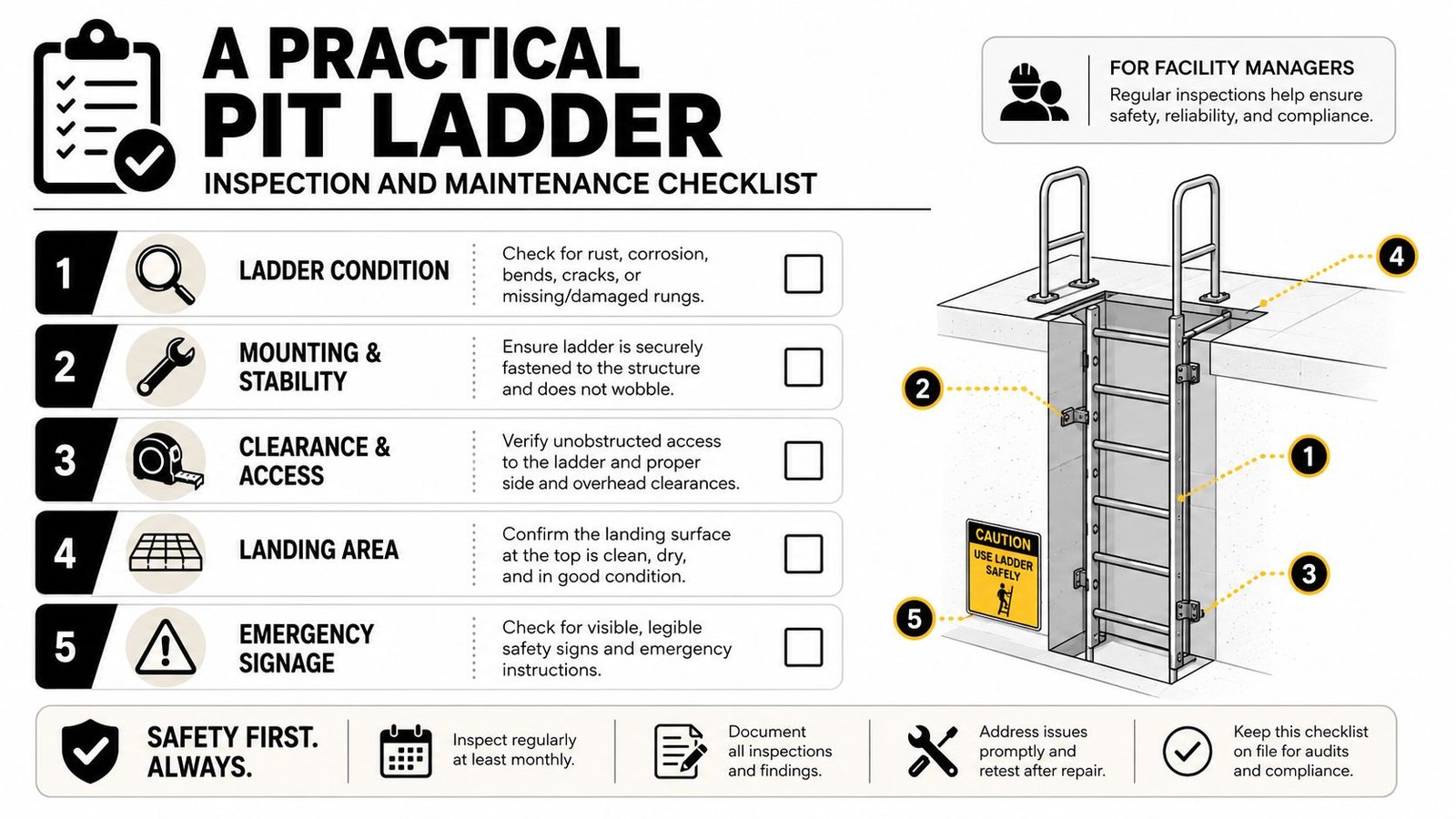 A visual inspection and maintenance checklist for safety-compliant pit ladders in industrial or facility settings.